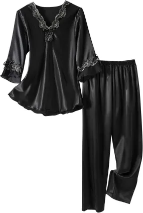 Oplxuo Silk Satin Pajama Set Womens Lace Trim 3/4 Sleeve V Neck Shirt with Long Pant Soft Loungewear Bridesmaid Pjs Set