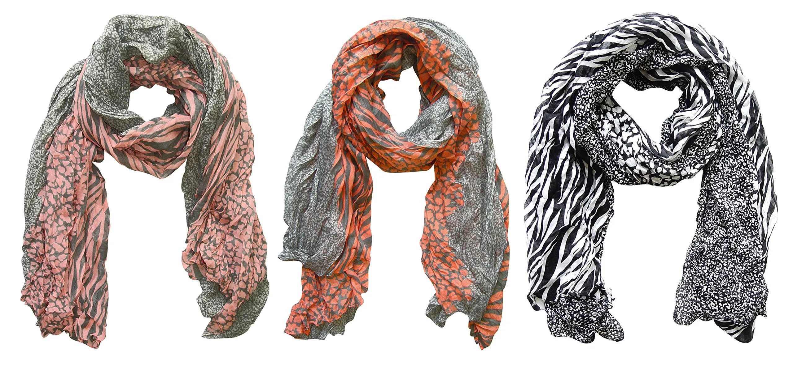 Peach Couture All Seasons Retro Zebra and Leopard Print Crinkle Scarf