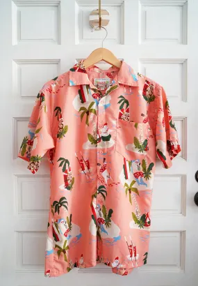 Pink Vintage Hawaiian Santa Tiki Waikiki Christmas Button-Up Shirt
