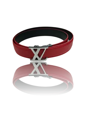 Red Men's Belt Genuine Leather Silver Buckle
