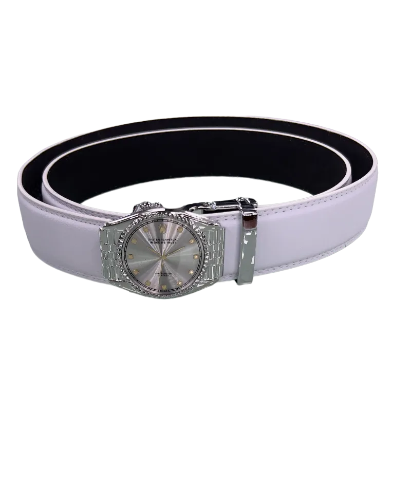 Rolex Watch Men's Belt Genuine Leather Silver Buckle