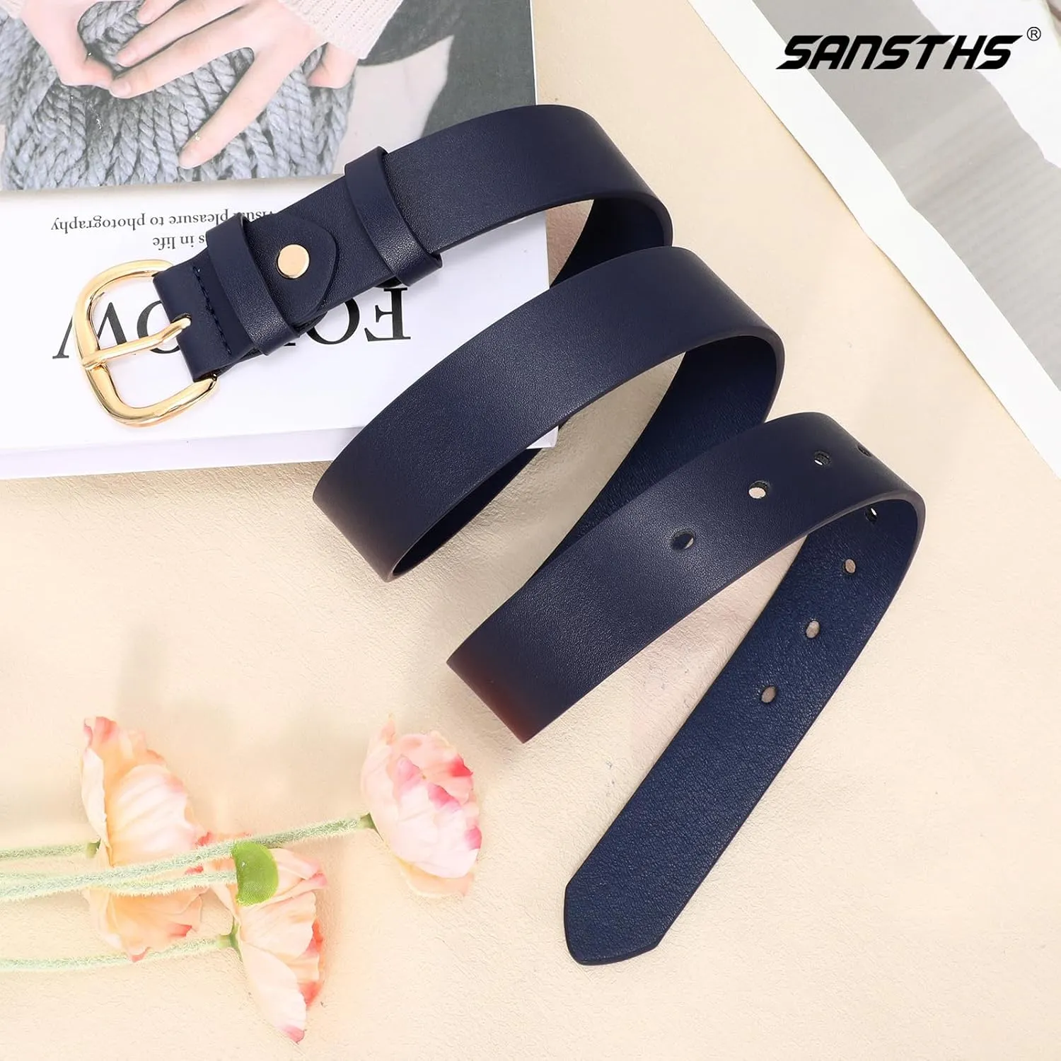 SANSTHS Women Leather Belt for Jeans Pants Dresses Black Ladies Waist Belt with Black Buckle