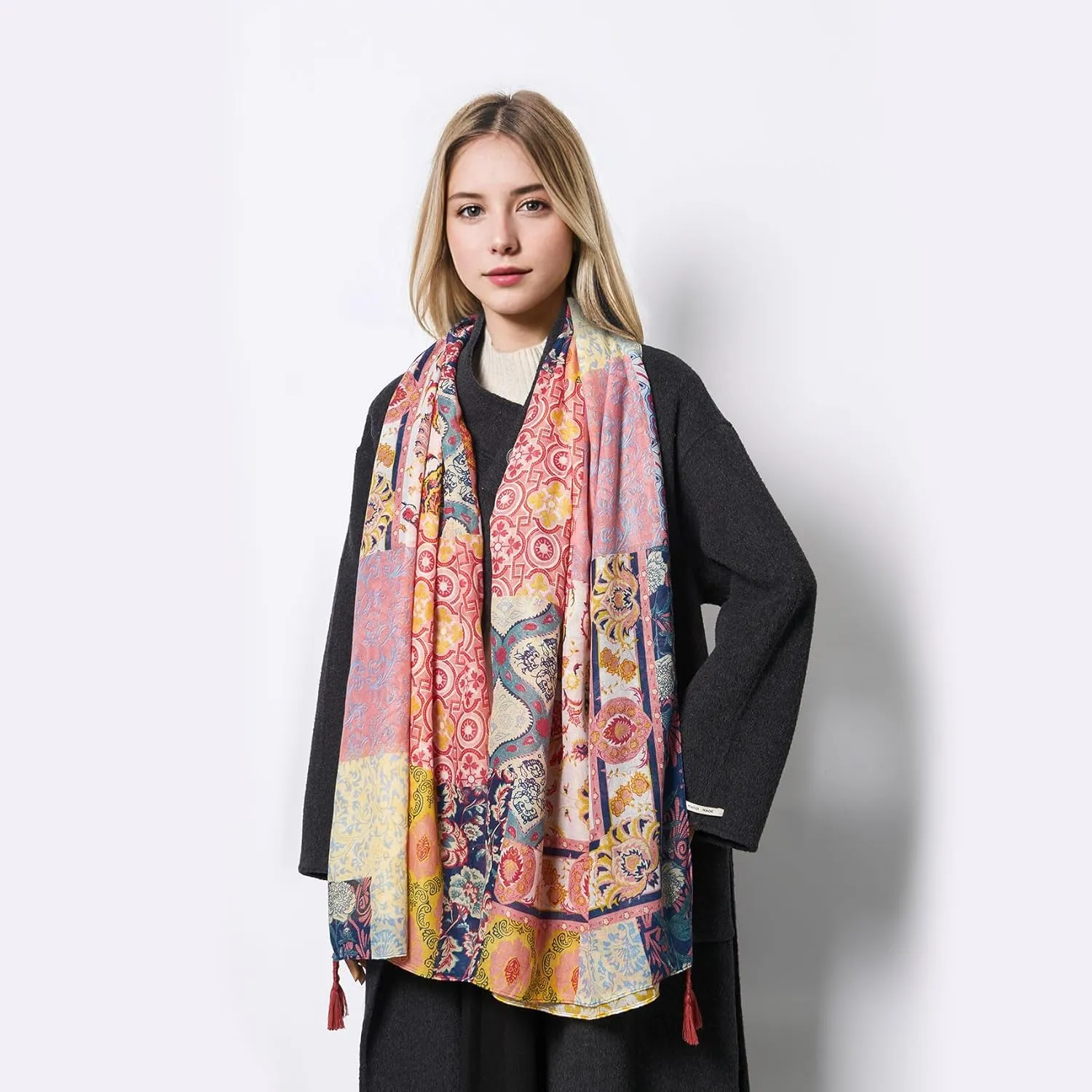 Scarf for Women Lightweight Soft Floral Leopard Printed Scarves Fall Winter Fashion Shawl Wrap with Fringe