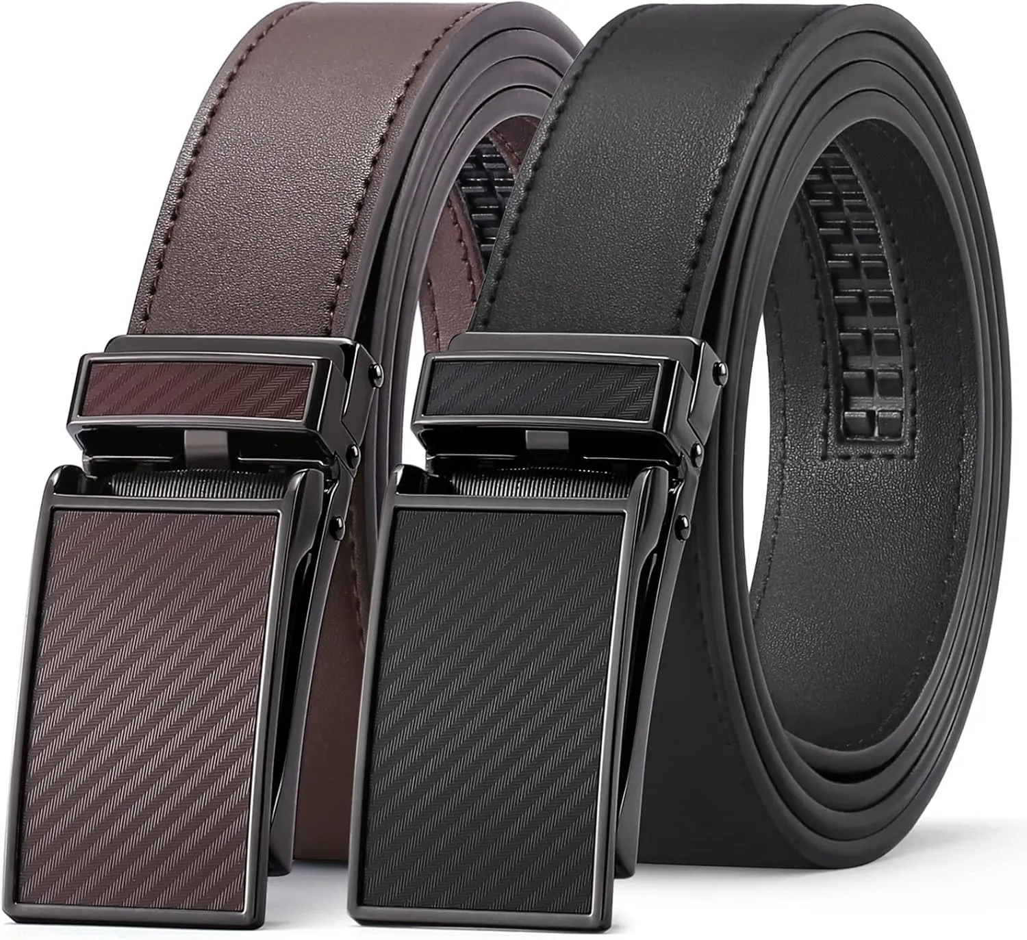 SENDEFN 2 Pack Ratchet Belt Men, Men Leather Belts in Gift Set Box for Dress Casual, Size Adjustable Trim to Fit