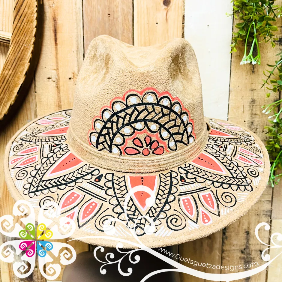 Tan Indiana Mitla Velvet Hat - Hand Painted Hat