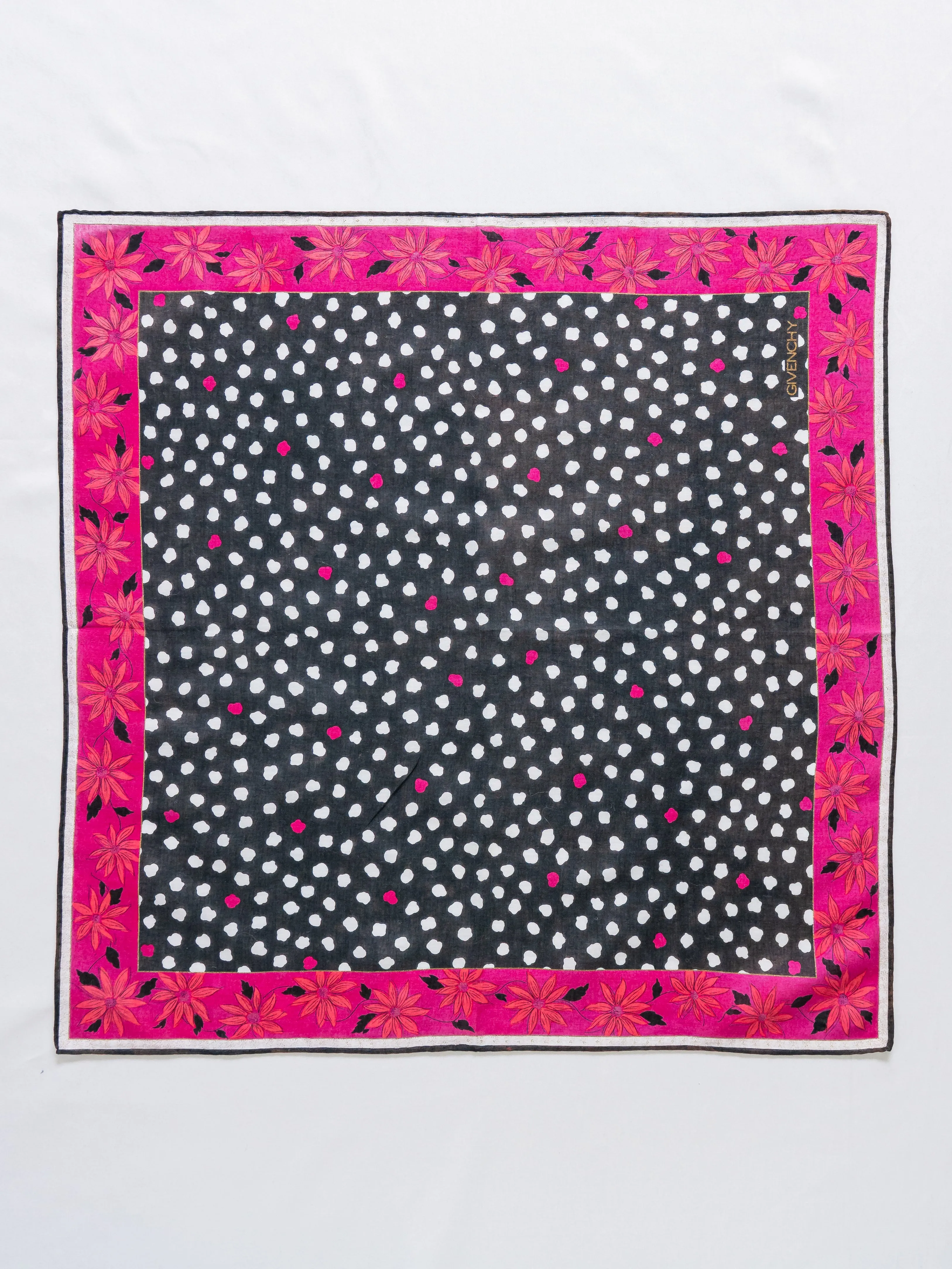 Vintage Cotton Pink Floral Border Black Scarf