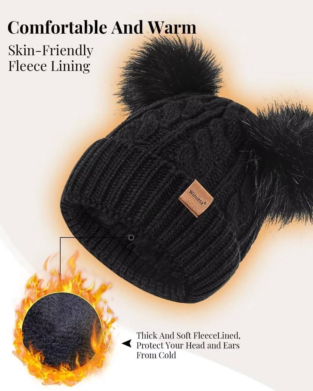 Winter Hat Scarf Glove Set for Women, Fleece Lined Beanie with Double Pom Pom, Touchscreen Gloves Knit Scarf for Cold Weather