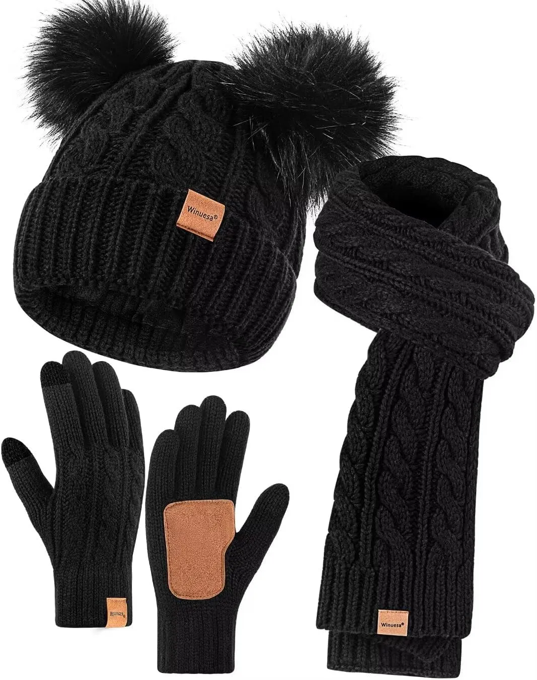 Winter Hat Scarf Glove Set for Women, Fleece Lined Beanie with Double Pom Pom, Touchscreen Gloves Knit Scarf for Cold Weather