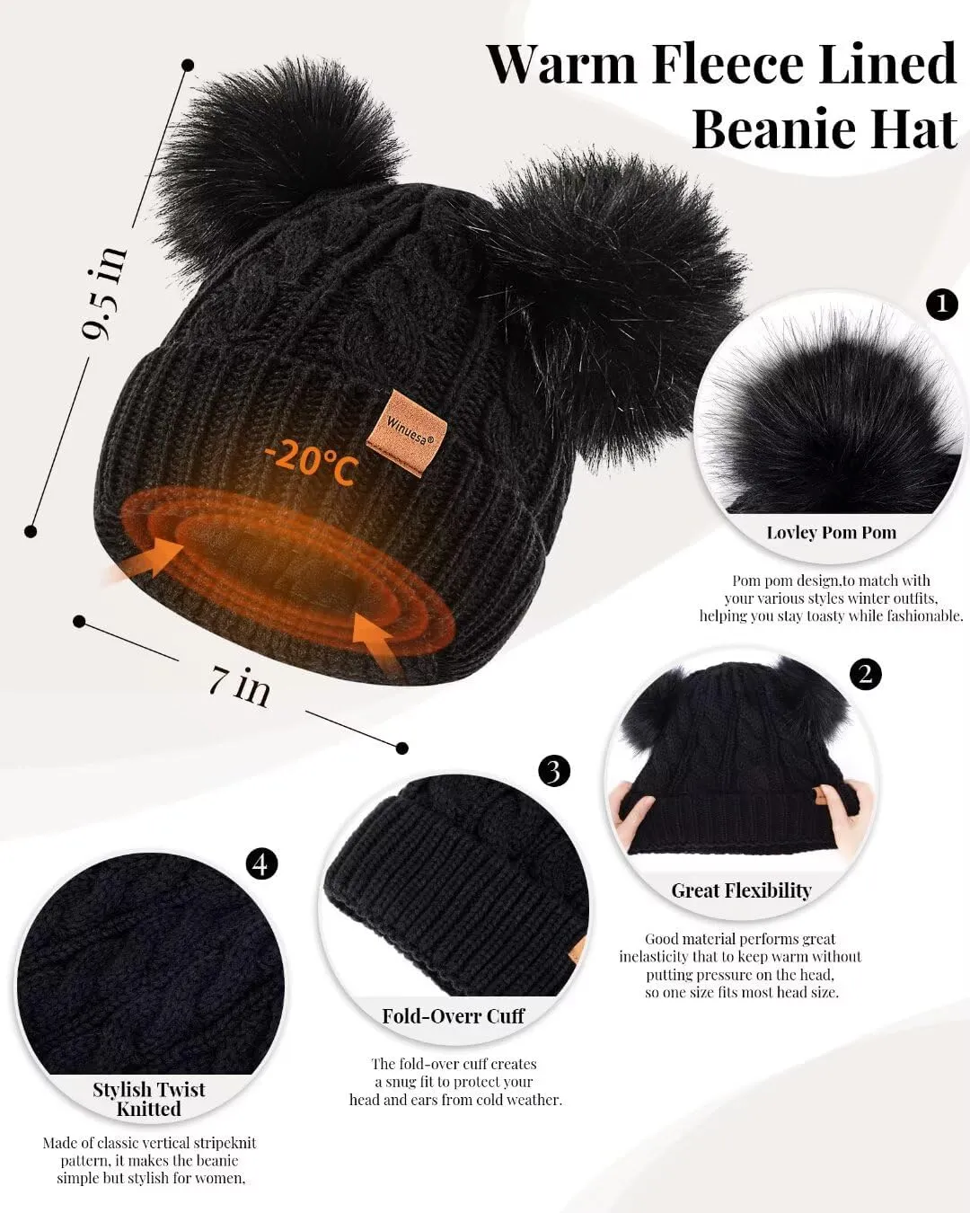 Winter Hat Scarf Glove Set for Women, Fleece Lined Beanie with Double Pom Pom, Touchscreen Gloves Knit Scarf for Cold Weather