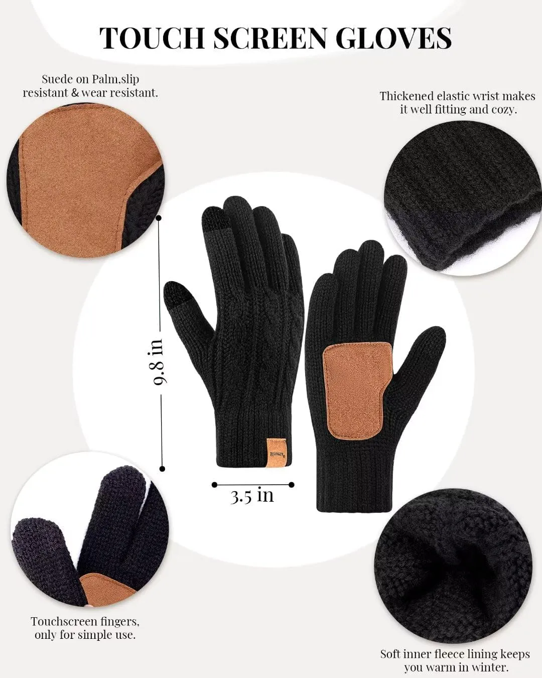 Winter Hat Scarf Glove Set for Women, Fleece Lined Beanie with Double Pom Pom, Touchscreen Gloves Knit Scarf for Cold Weather