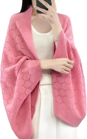 Women 100% Merino Wool Spring Cardigan Elegant Soft Knitted Scarf Hollow Out Sweater