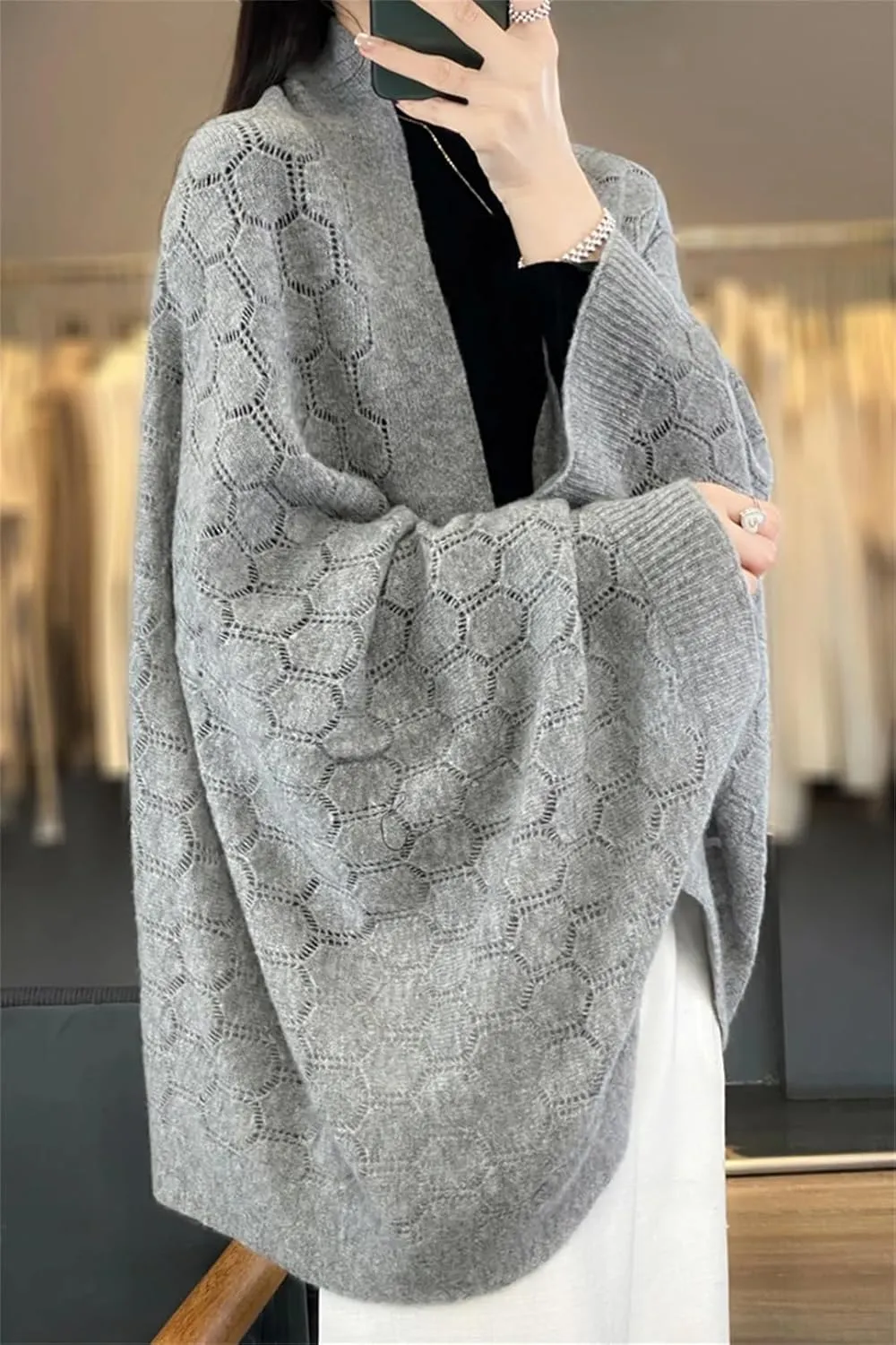 Women 100% Merino Wool Spring Cardigan Elegant Soft Knitted Scarf Hollow Out Sweater