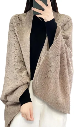 Women 100% Merino Wool Spring Cardigan Elegant Soft Knitted Scarf Hollow Out Sweater