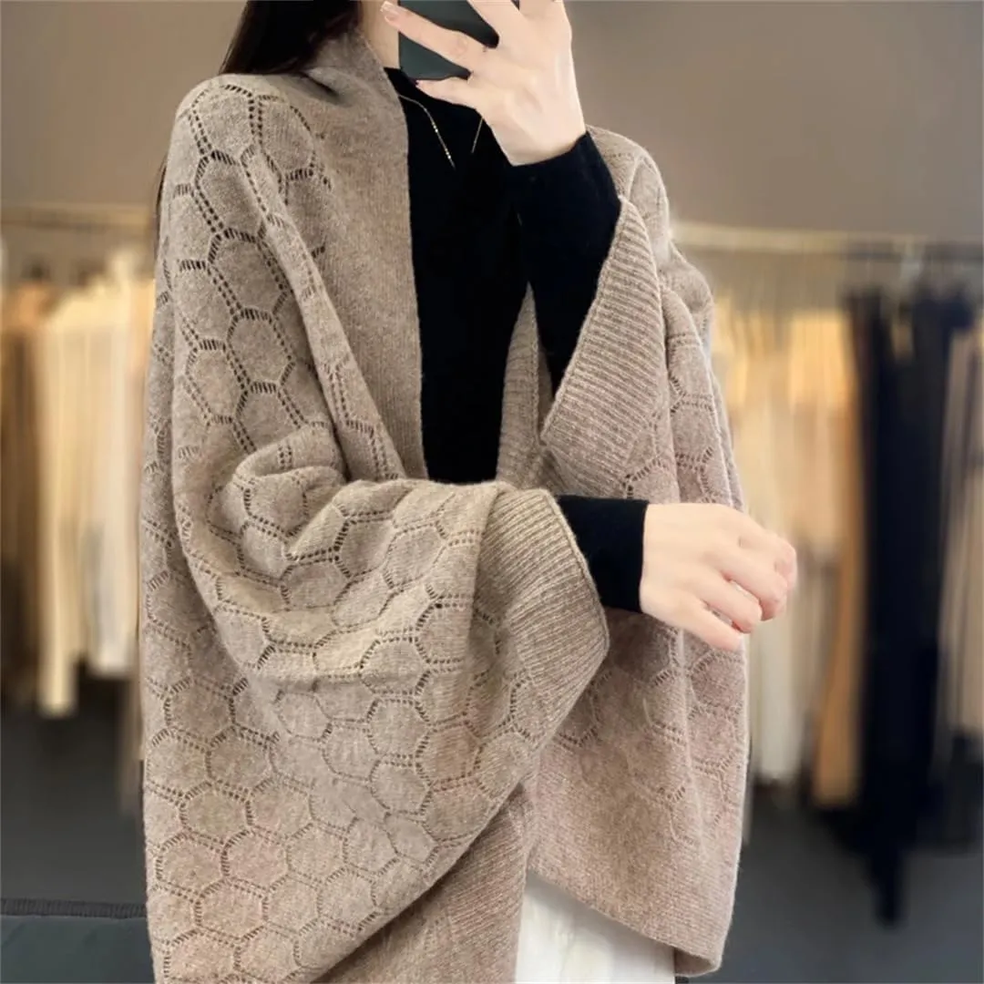 Women 100% Merino Wool Spring Cardigan Elegant Soft Knitted Scarf Hollow Out Sweater