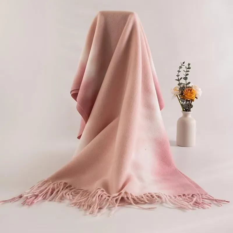 Women Cashmere Feel Winter Warm Scarf Versatile Soft Gradient Widen Long Double-sided Tassels Shawls Neck Scarves Wraps