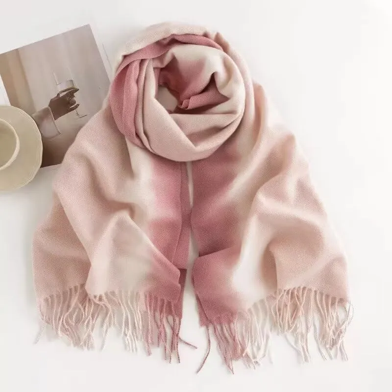 Women Cashmere Feel Winter Warm Scarf Versatile Soft Gradient Widen Long Double-sided Tassels Shawls Neck Scarves Wraps