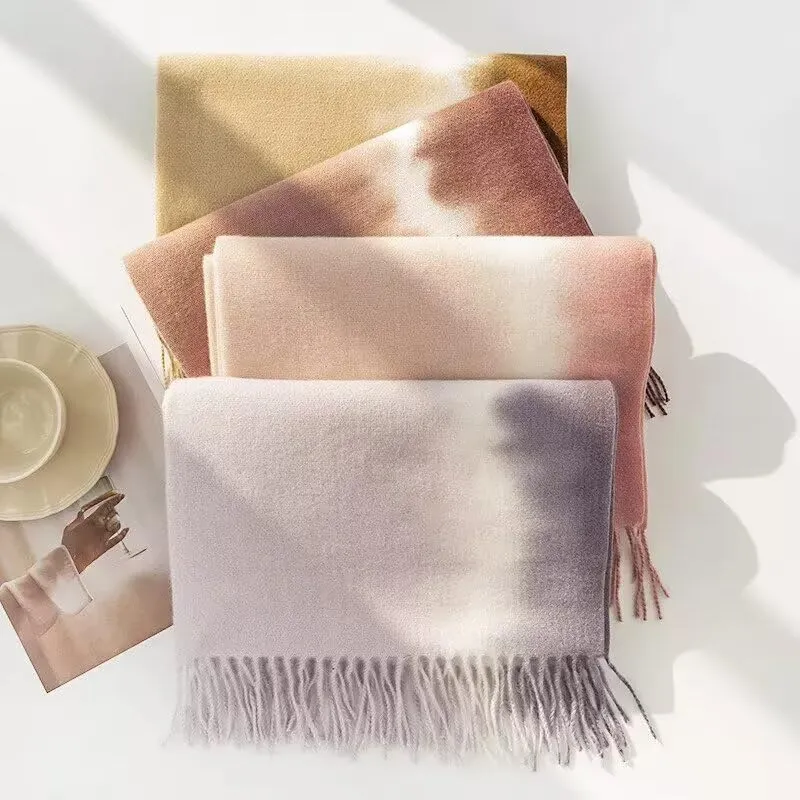 Women Cashmere Feel Winter Warm Scarf Versatile Soft Gradient Widen Long Double-sided Tassels Shawls Neck Scarves Wraps