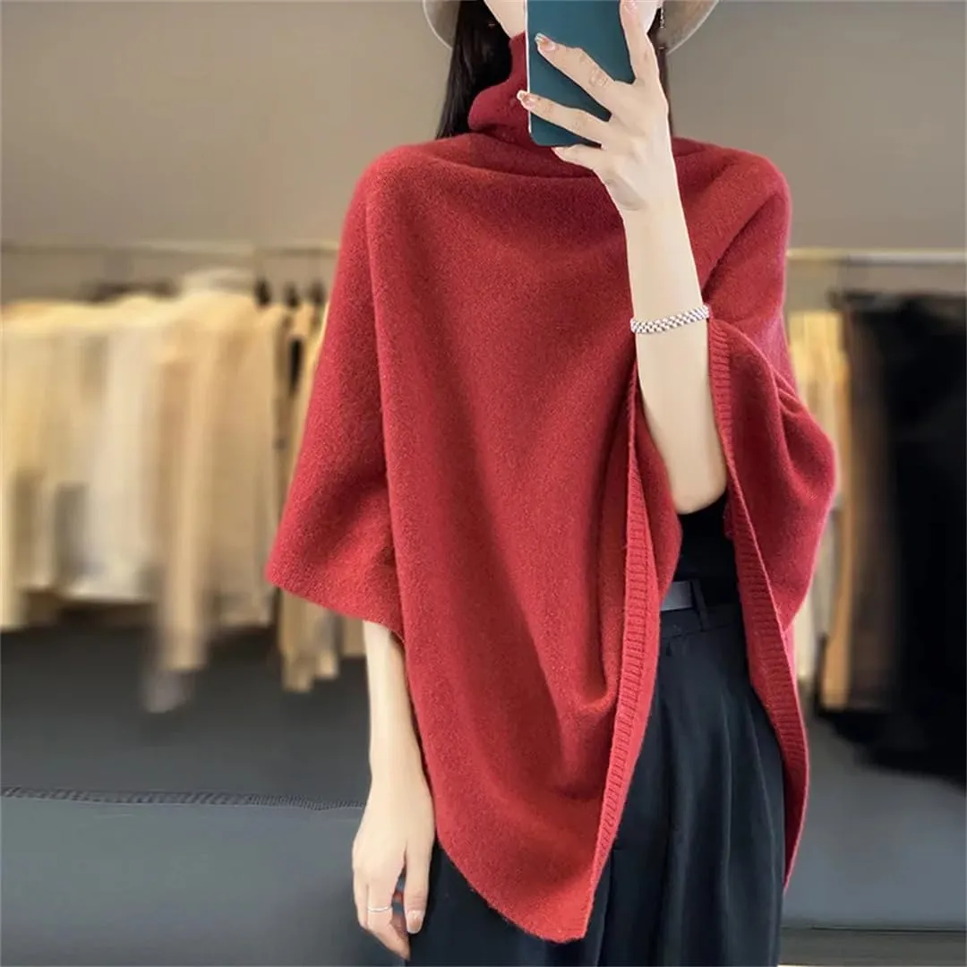 Women Wool Turtleneck Pullover Shawls Knitted Irregular Soft Warm Loose Thin Sweater Coat