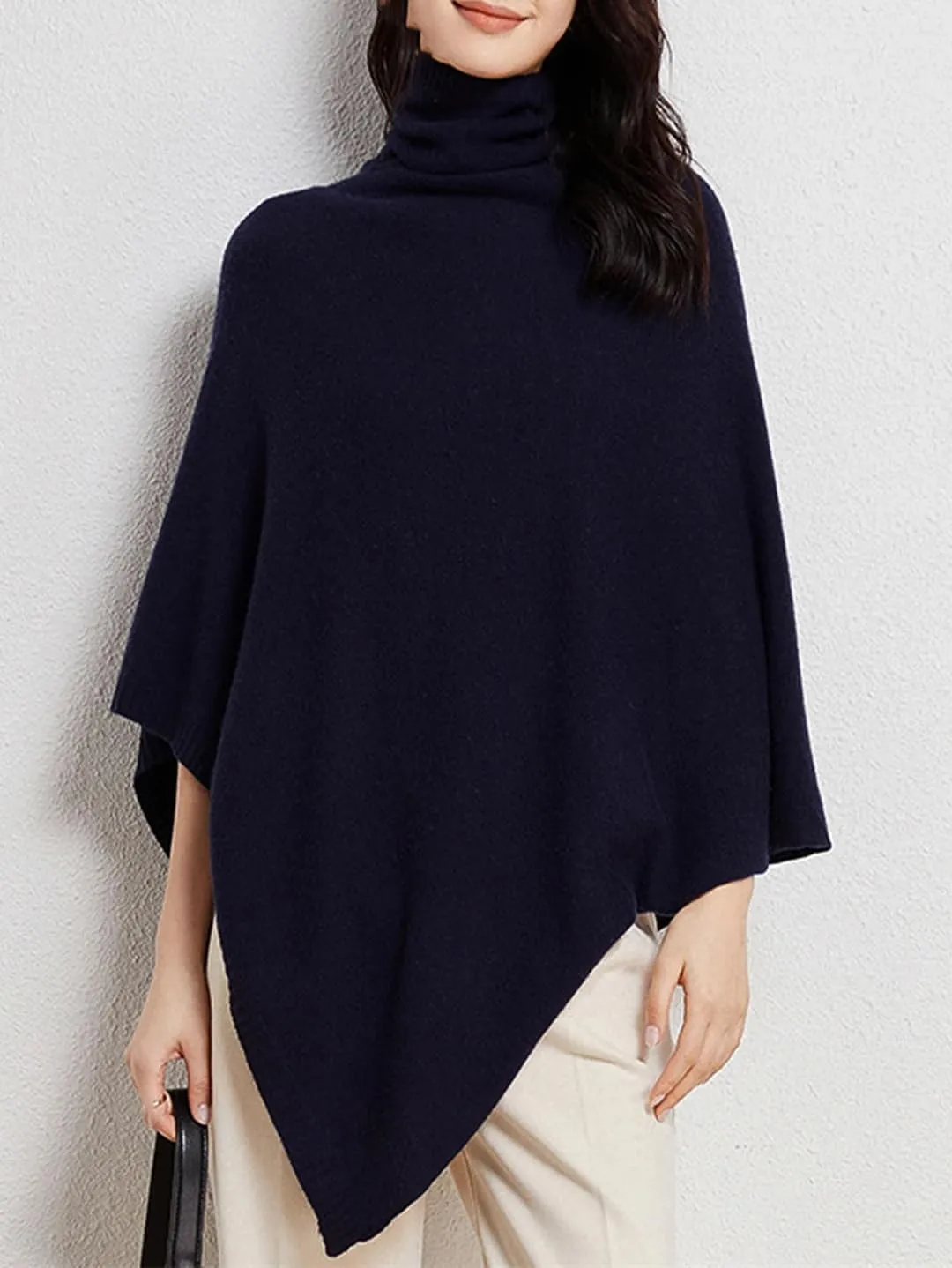 Women Wool Turtleneck Pullover Shawls Knitted Irregular Soft Warm Loose Thin Sweater Coat