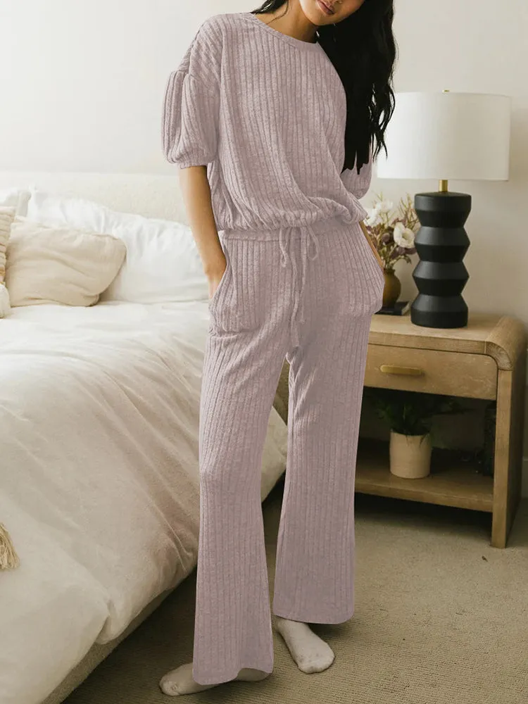 Womens 2 Piece Outfits Lounge Sets Short Sleeve Pullover Tops Elastic Wide Leg Pants Set Sweatsuits Tracksuit