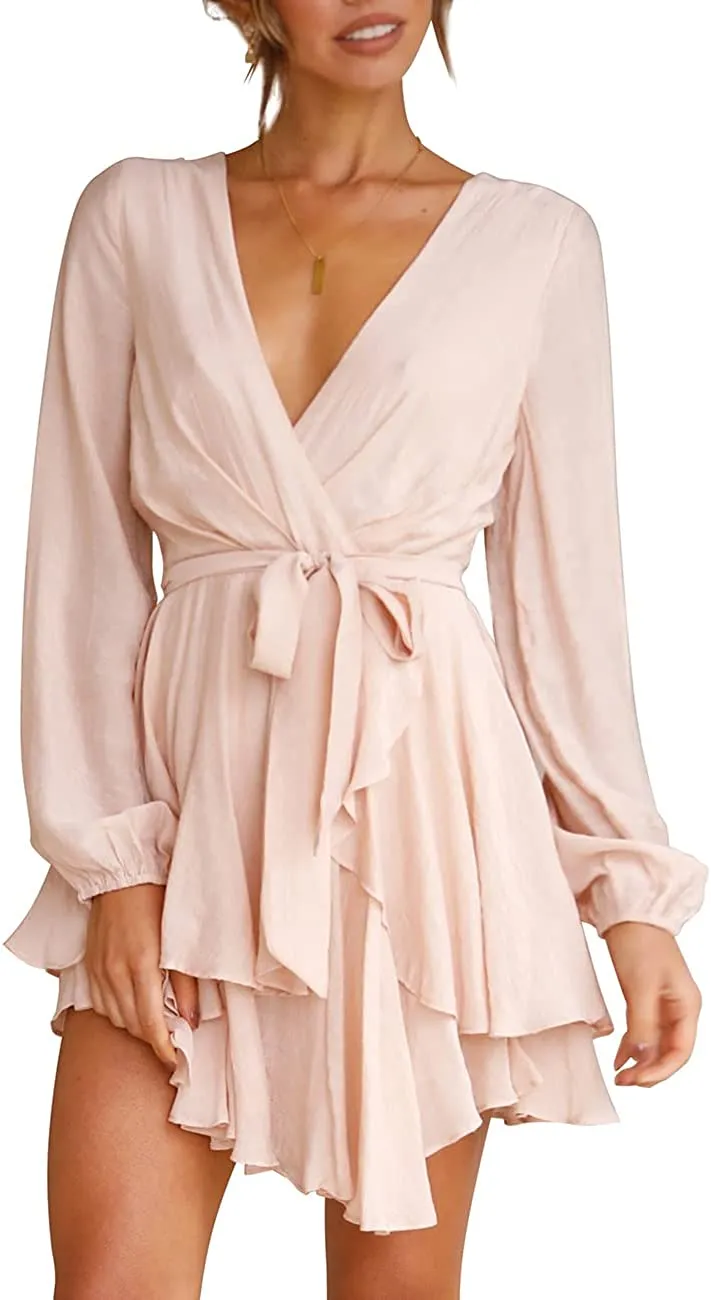 Women's Dress Deep V-Neck Long Sleeve Waist Tie Ruffle Mini