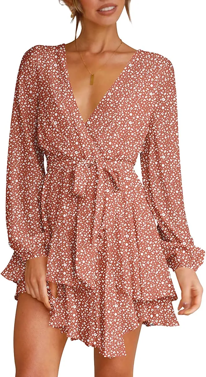 Women's Dress Deep V-Neck Long Sleeve Waist Tie Ruffle Mini