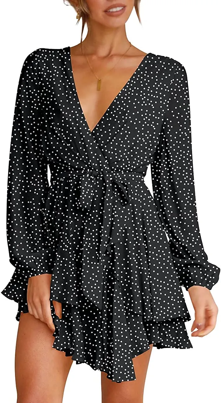 Women's Dress Deep V-Neck Long Sleeve Waist Tie Ruffle Mini