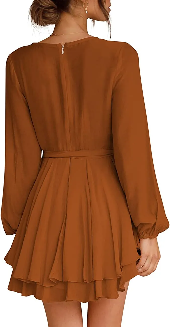 Women's Dress Deep V-Neck Long Sleeve Waist Tie Ruffle Mini