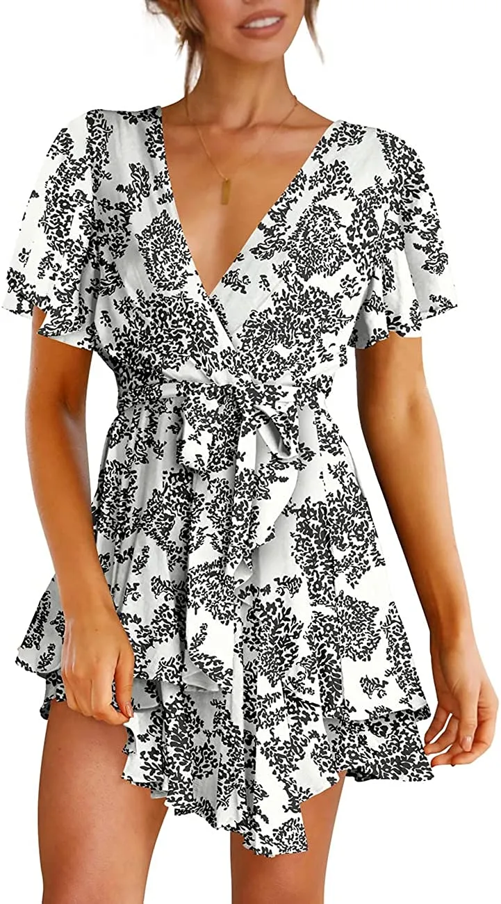 Women's Dress Deep V-Neck Long Sleeve Waist Tie Ruffle Mini