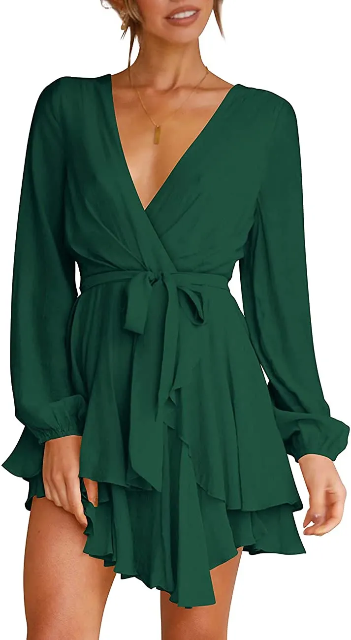 Women's Dress Deep V-Neck Long Sleeve Waist Tie Ruffle Mini