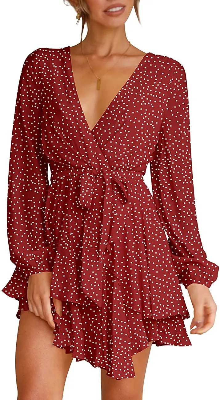 Women's Dress Deep V-Neck Long Sleeve Waist Tie Ruffle Mini