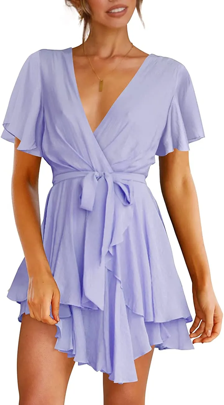Women's Dress Deep V-Neck Long Sleeve Waist Tie Ruffle Mini