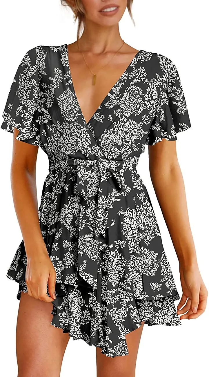 Women's Dress Deep V-Neck Long Sleeve Waist Tie Ruffle Mini