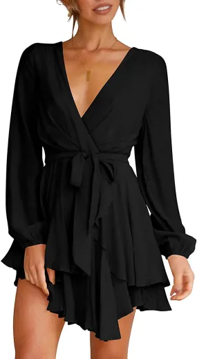 Women's Dress Deep V-Neck Long Sleeve Waist Tie Ruffle Mini