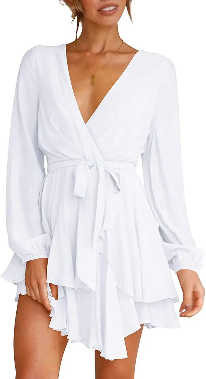 Women's Dress Deep V-Neck Long Sleeve Waist Tie Ruffle Mini