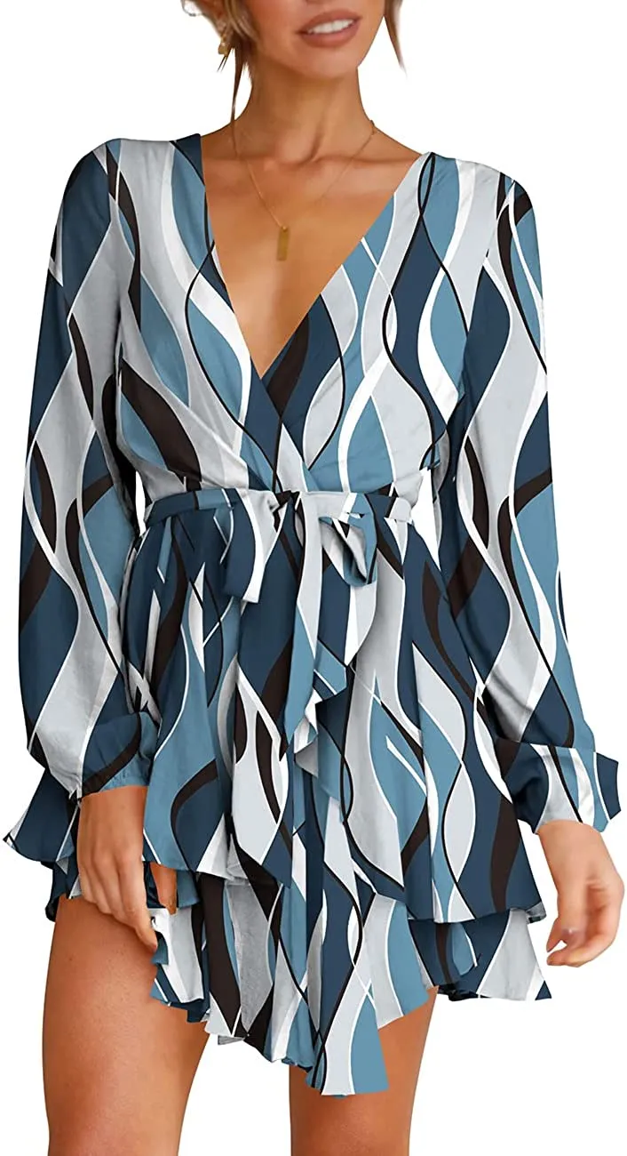 Women's Dress Deep V-Neck Long Sleeve Waist Tie Ruffle Mini