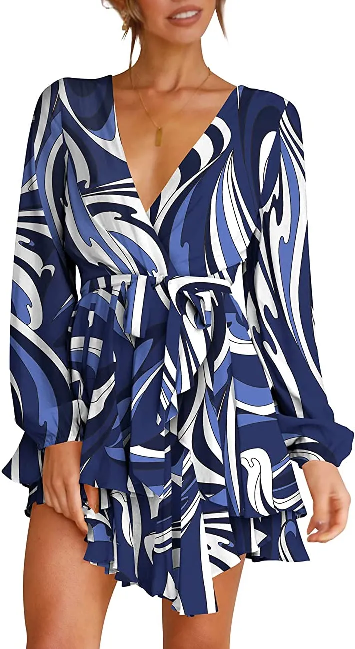 Women's Dress Deep V-Neck Long Sleeve Waist Tie Ruffle Mini