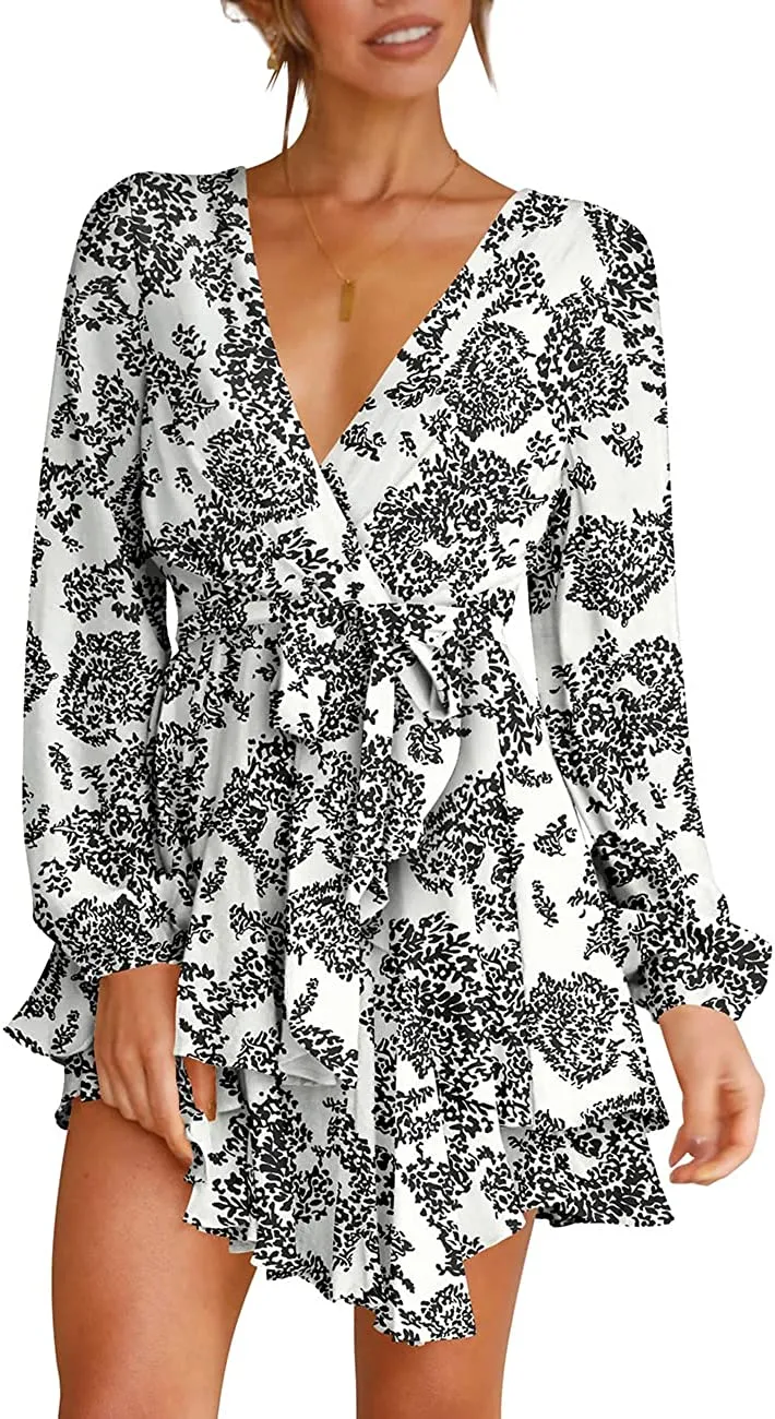 Women's Dress Deep V-Neck Long Sleeve Waist Tie Ruffle Mini