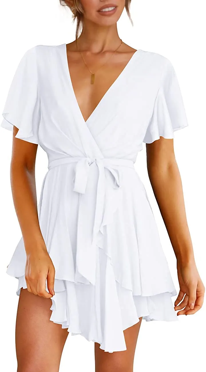 Women's Dress Deep V-Neck Long Sleeve Waist Tie Ruffle Mini