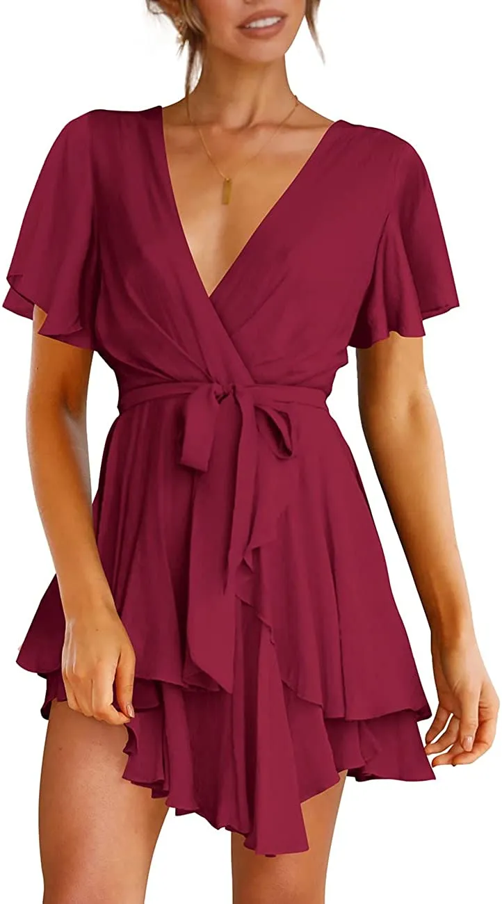 Women's Dress Deep V-Neck Long Sleeve Waist Tie Ruffle Mini