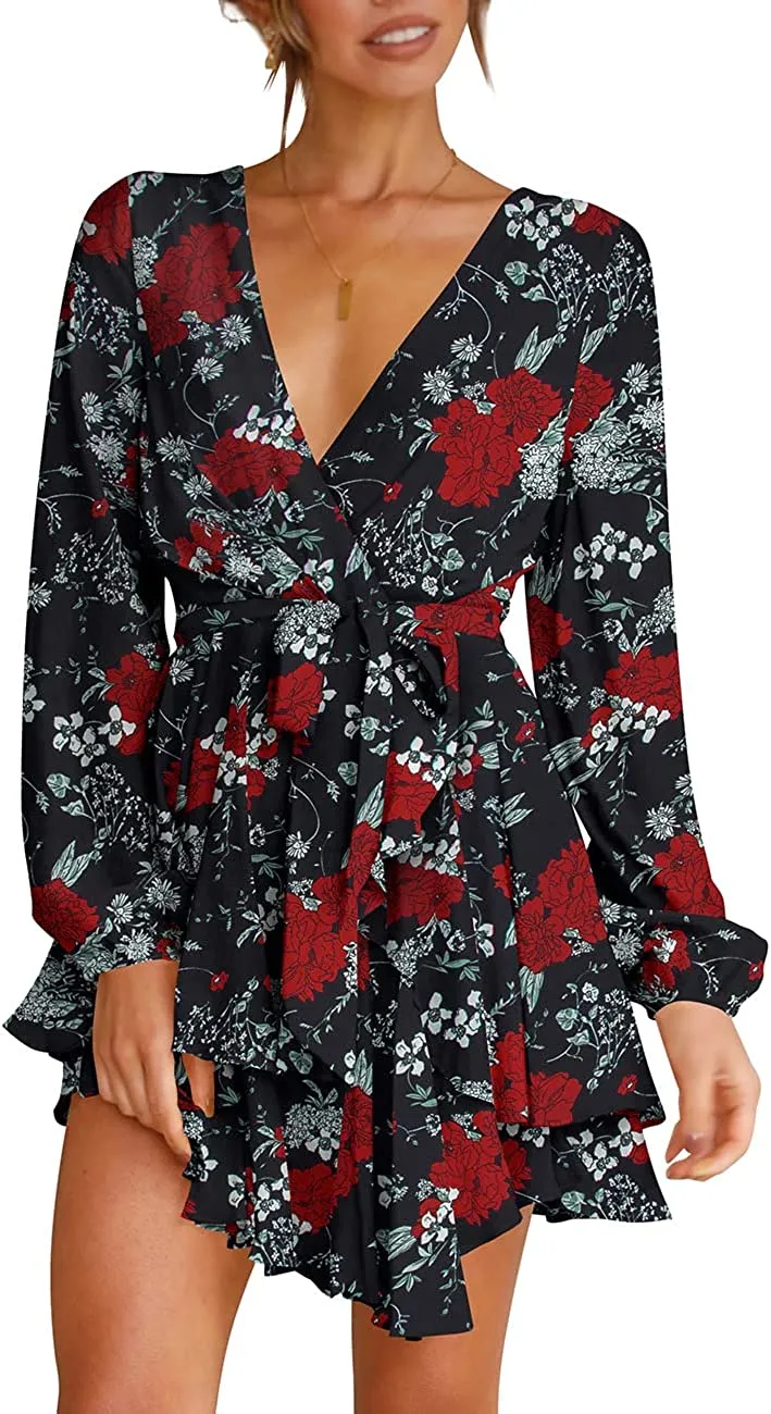 Women's Dress Deep V-Neck Long Sleeve Waist Tie Ruffle Mini