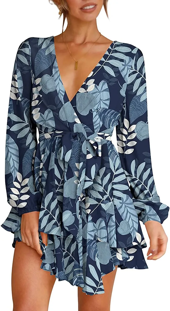 Women's Dress Deep V-Neck Long Sleeve Waist Tie Ruffle Mini