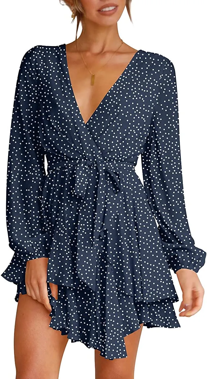 Women's Dress Deep V-Neck Long Sleeve Waist Tie Ruffle Mini