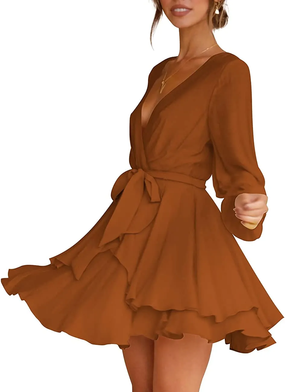 Women's Dress Deep V-Neck Long Sleeve Waist Tie Ruffle Mini