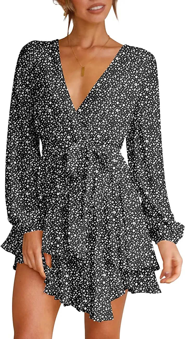 Women's Dress Deep V-Neck Long Sleeve Waist Tie Ruffle Mini