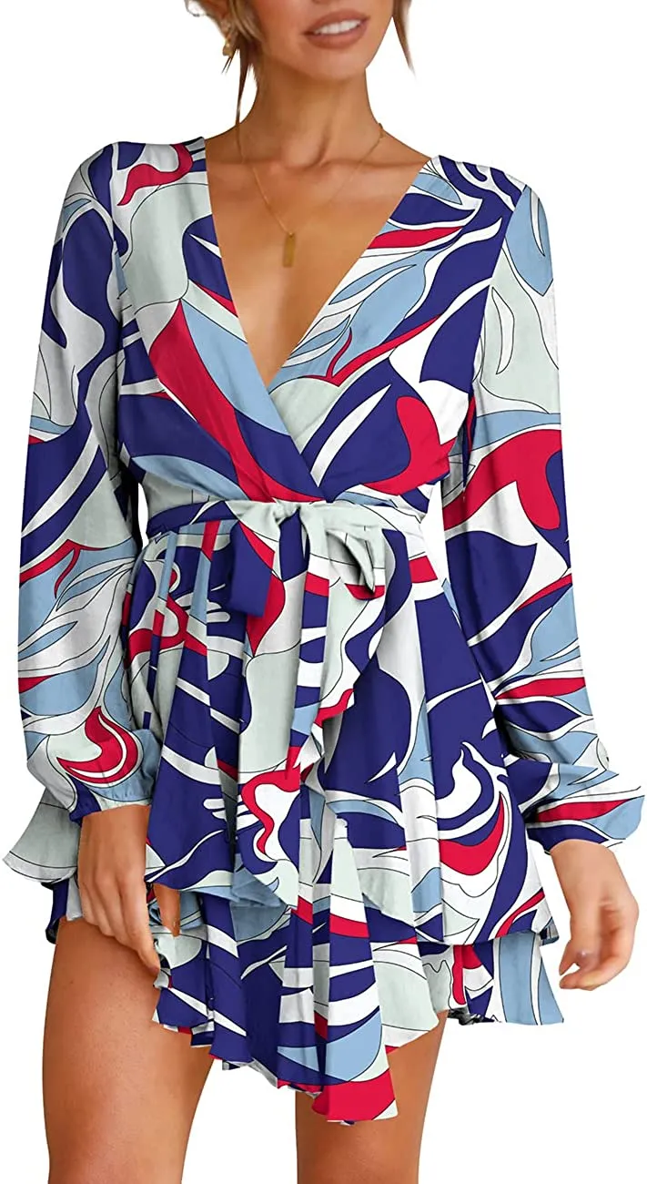 Women's Dress Deep V-Neck Long Sleeve Waist Tie Ruffle Mini