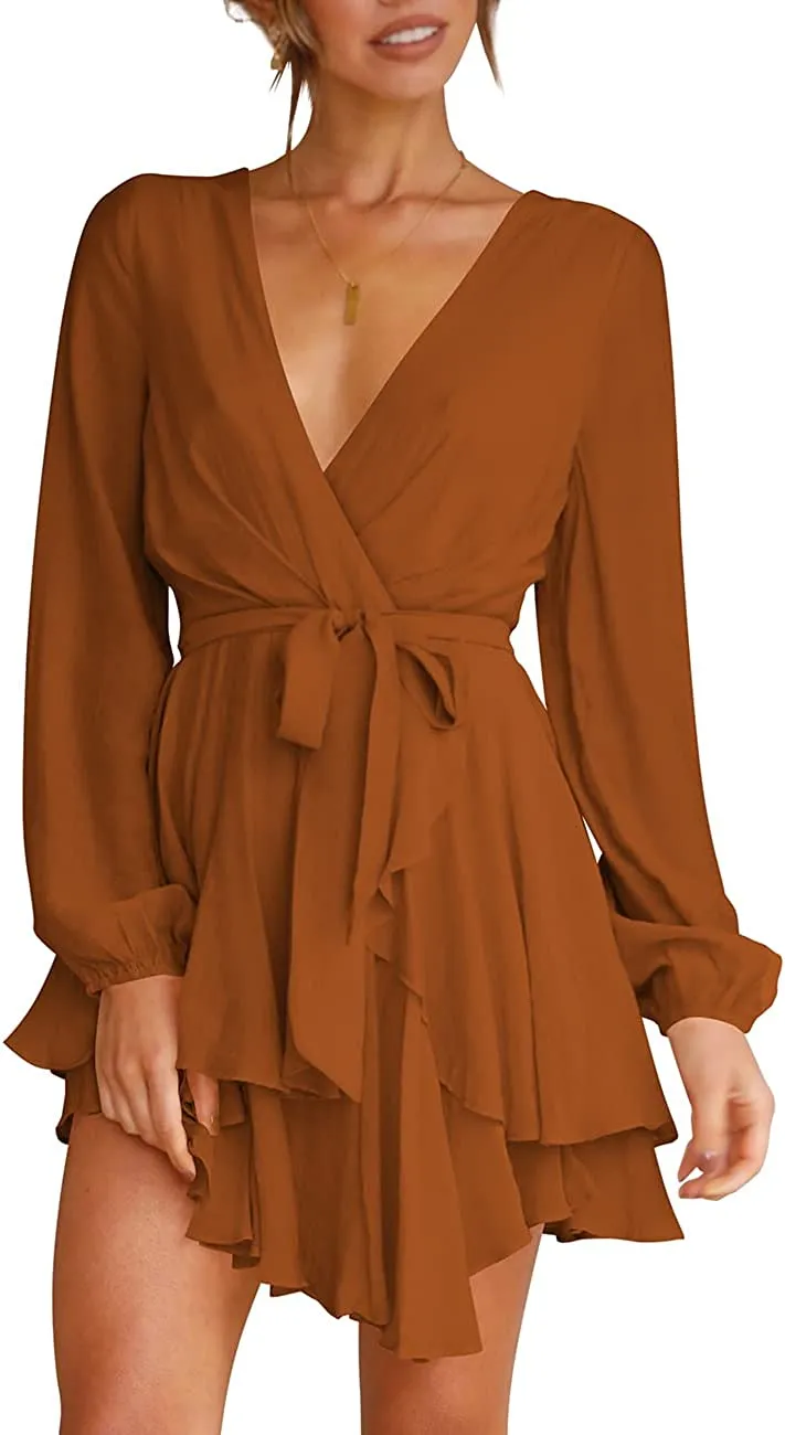 Women's Dress Deep V-Neck Long Sleeve Waist Tie Ruffle Mini