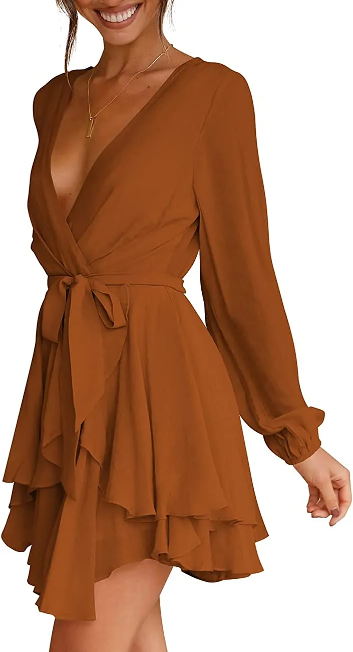 Women's Dress Deep V-Neck Long Sleeve Waist Tie Ruffle Mini