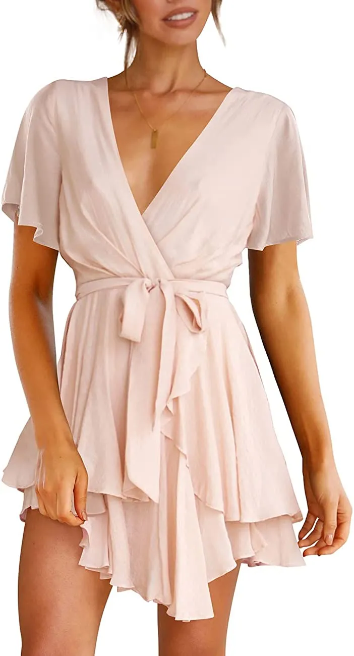 Women's Dress Deep V-Neck Long Sleeve Waist Tie Ruffle Mini
