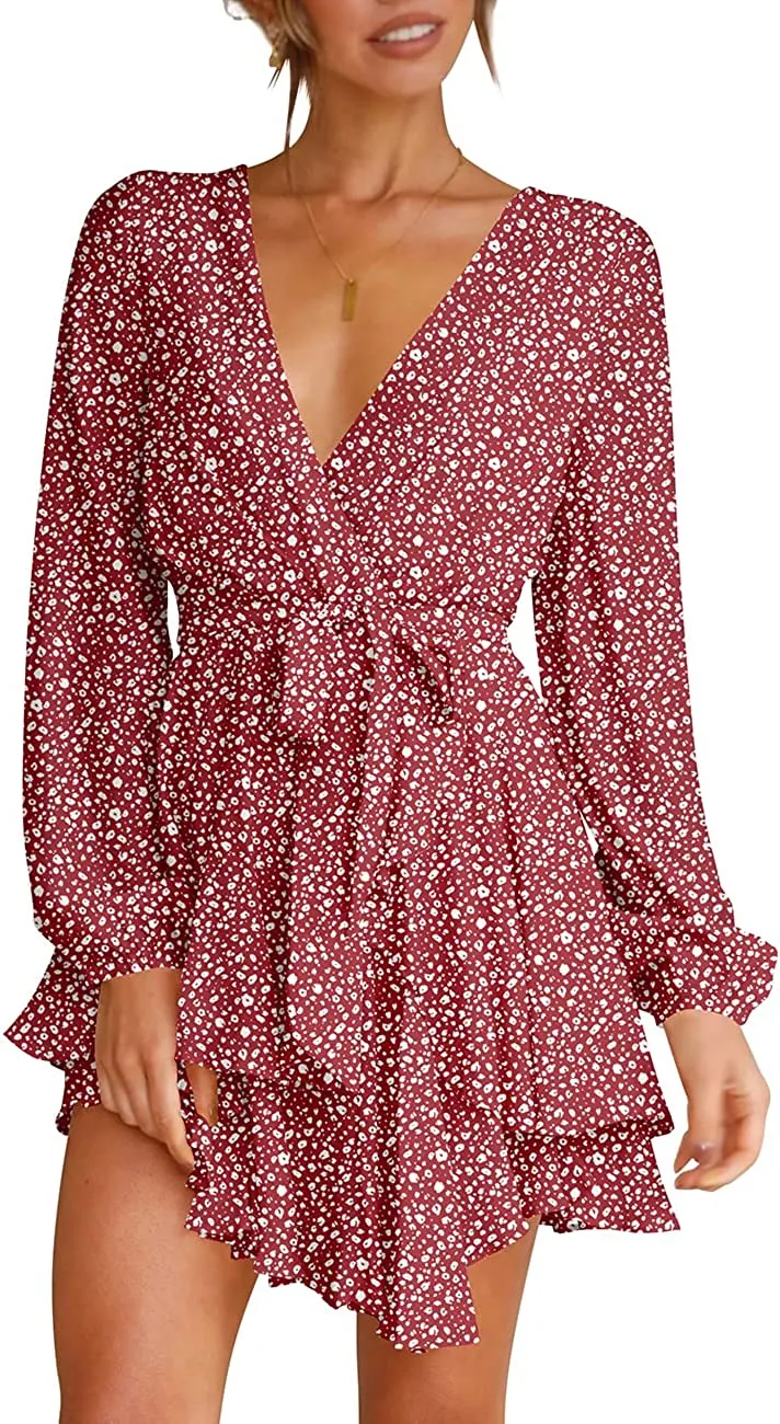 Women's Dress Deep V-Neck Long Sleeve Waist Tie Ruffle Mini